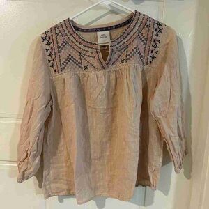 Knox Rose Beige Blouse with Navy Embroidery